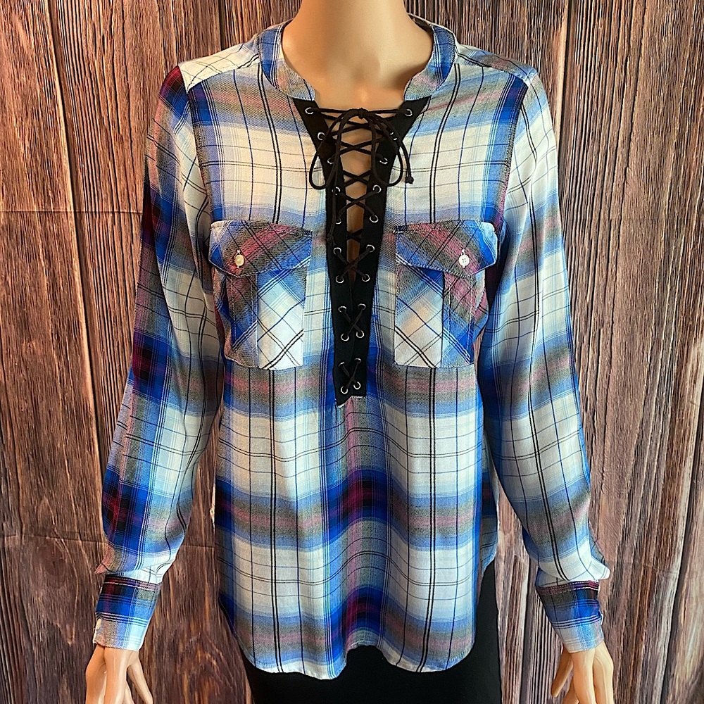 Express size small blue white pink & black plaid lace up blouse top casual